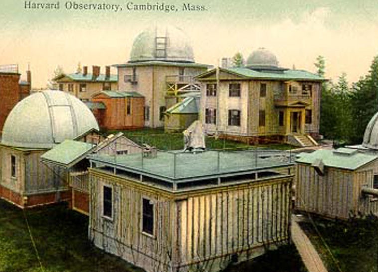 Observatory Hill at Harvard, turn of the century, postcard. Three of the buildings in the foreground were erected at Mrs. Draper's expense, in order to house Henry Draper's telescopes, which she gave to the College as part of the Draper Memorial. (Harvard College Observatory, courtesy of Tom Fine)