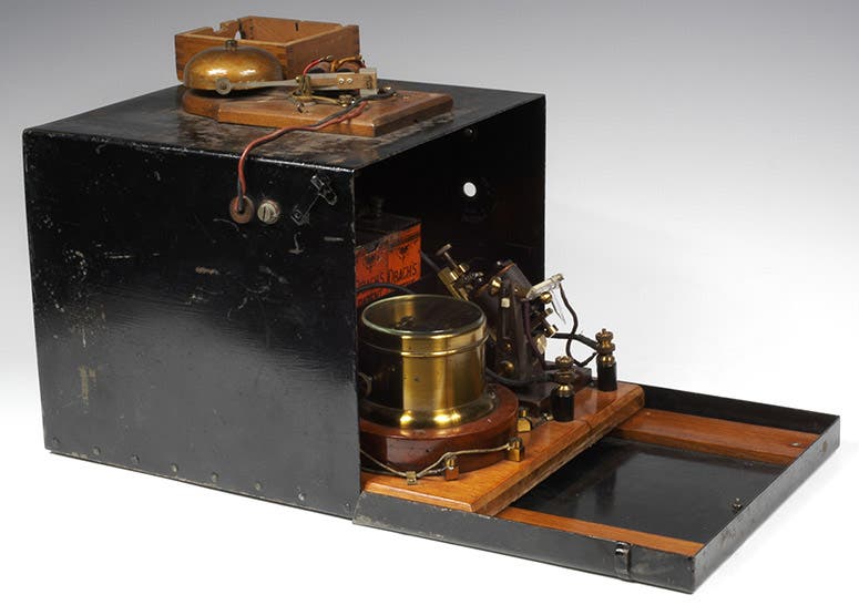 The actual receiver used by Marconi for the Toynbee Hall demonstrations, 1896, in its black box at the Museum of the History of Science at Oxford; note the bell on the top, which rang when a wireless signal was received (mhs.ox.ac.uk)