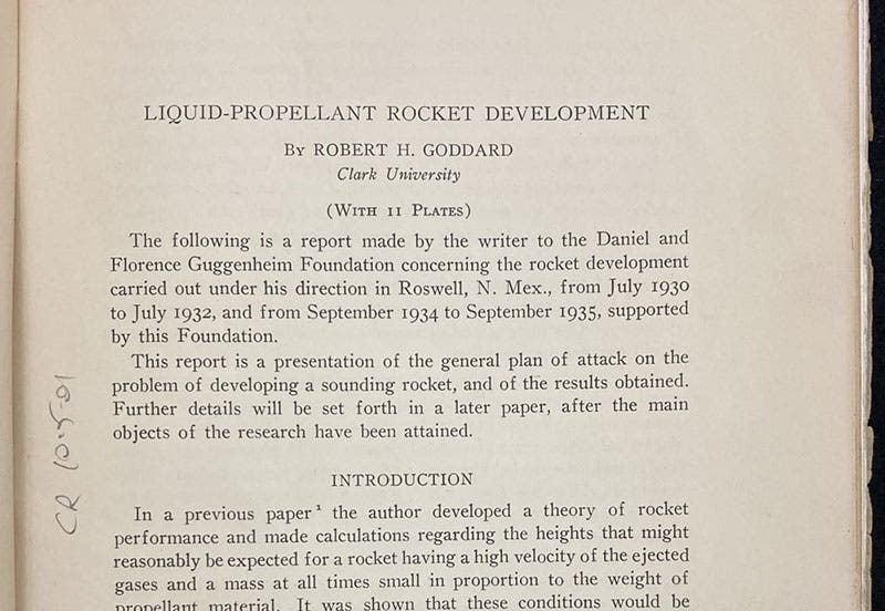 First paragraph, “Liquid-Propellant Rocket Development,” by Robert H. Goddard, Smithsonian Miscellaneous Collections, p. 1, vol. 95, no. 3, 1919 (The Linda Hall)