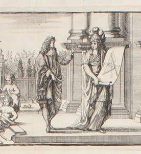 A personification of Architectura, holding a design for a compass for producing tapered columns, engraved headpiece by Sébastien Le Clerc, in François Blondel, Resolution des quatre principaux problèmes d'architecure, in Recueil de plusieurs traitez de mathematique, 1676 (Linda Hall Library)
