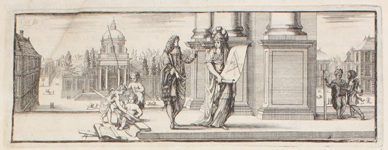 A personification of Architectura, holding a design for a compass for producing tapered columns, engraved headpiece by Sébastien Le Clerc, in François Blondel, Resolution des quatre principaux problèmes d'architecure, in Recueil de plusieurs traitez de mathematique, 1676 (Linda Hall Library)