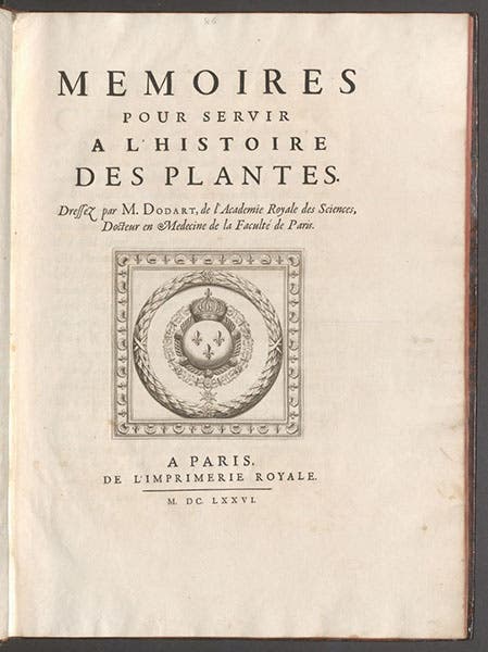 Title page, Denis Dodart, Mémoires pour servir à l'histoire des plantes, 1676 (Linda Hall Library)