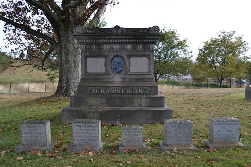 Grave and memorial stone for John A. Roebling, Riverside Cemetery, Trenton, N.J. (findagrave.com)