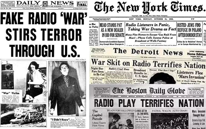 Montage of newspaper headlines published Oct. 31, 1938, proclaiming that the broadcast caused widespread panic (telegraph.co.uk)