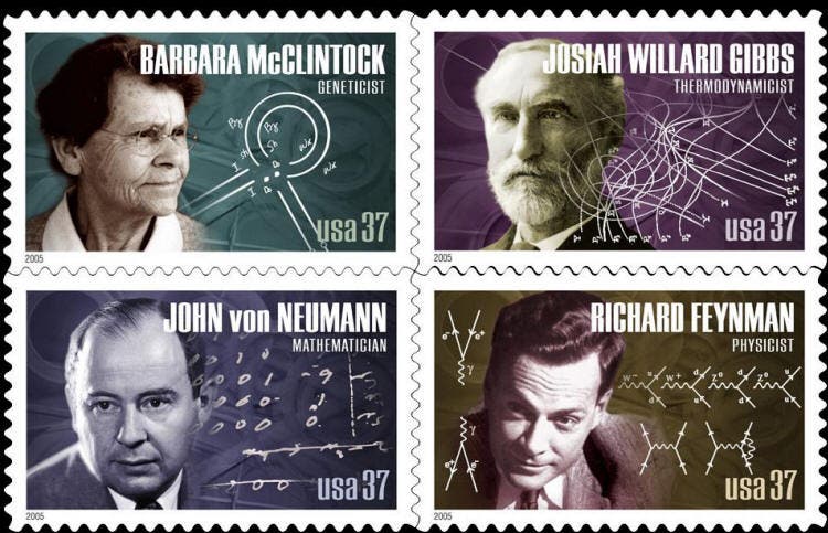U.S postage stamps, American Scientists, first series, 2005, with Josiah Willard Gibbs at upper right (bardostamps.com)