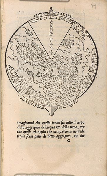 The situation of Hell within the Earth according to Dante’s Inferno, woodcut from Dialogo di Antonio Manetti cittadino fiorentino circa al sito, forma, et misure dello inferno di Dante Alighieri, 1506 (1510?), copy at Cornell University Library (Wikimedia commons)