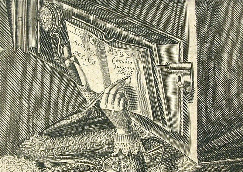 Detail of the portrait of Francis Bacon, showing what he is writing in the book, frontispiece to Of the Advancement and Proficience of Learning, by Francis Bacon, edited by William Rawley, engraved by William Marshall, 1640 (Linda Hall Library)