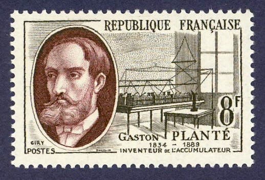 Postage stamp honoring Planté and his rechargeable battery, France, 1957 (jgiesen.de)