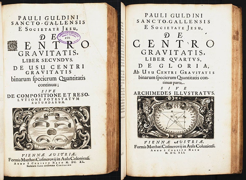 Title pages to vol. 3 (left) and vol. 4 (right) of Paul Guldin, De centro gravitatis (1635-41) (Linda Hall Library)