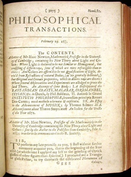Table of Contents for Philosophical Transactions of the Royal Society of London, Feb. 19, 1671/72, listing Isaac Newton’s “New theory about light and colors,” (Linda Hall Library)