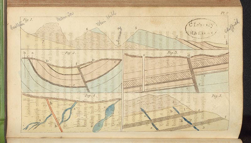 Five geological sections, hand-colored engraving, Robert Bakewell, An Introduction to Geology, first ed., 1813 (Linda Hall Library)