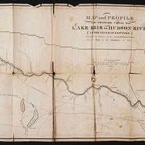 Segment of proposed map of Erie Canal route, showing section from Hudson River to Utica, from Official Report of the Canal Commissioners, 1817; the ”lockage” or drop in elevation is shown in a line graph at the top (The Linda Hall)