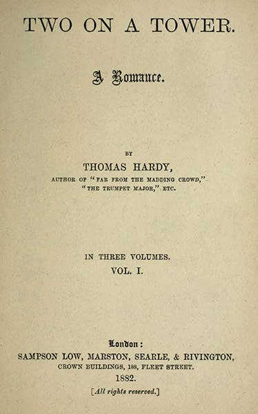 Titlepage of Two on a Tower: A Romance, by Thomas Hardy (Wikimedia commons)