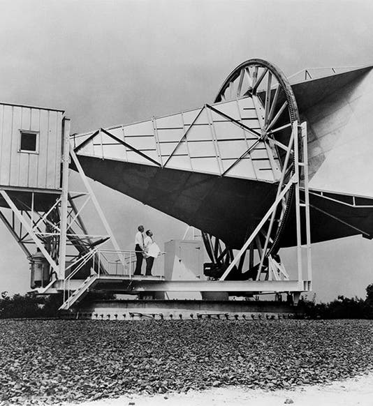 The microwave horn antenna in Holmdel, N.J., in 1962 when it was being used for Project Echo (Wikimedia commons)