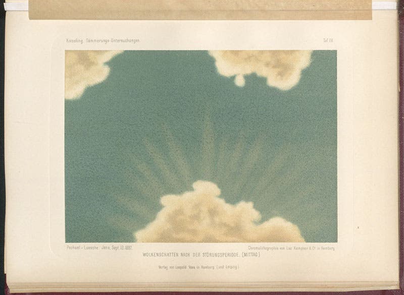 Cloud shadows at noon, chromolithograph after painting by Eduard Pechuel-Loesche, in Untersuchungen über Dämmerungserscheinungen zur Erklärung der nach dem Krakatau, by Johann Kiessling, plate 4, 1888 (Linda Hall Library).