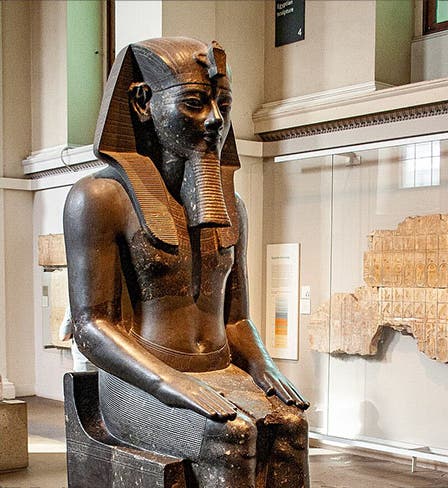 Seated statue of Amenhotep III, granodiorite, British Museum, item EA4, acquired from Henry Salt, 1823 (Wikimedia commons)