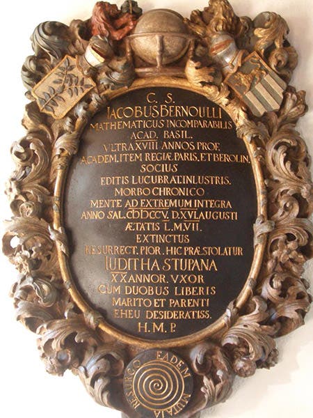 Tombstone of Jacob Bernoulli, cloisters of Basel Munster, Basel, Switzerland (Wikimedia commons)