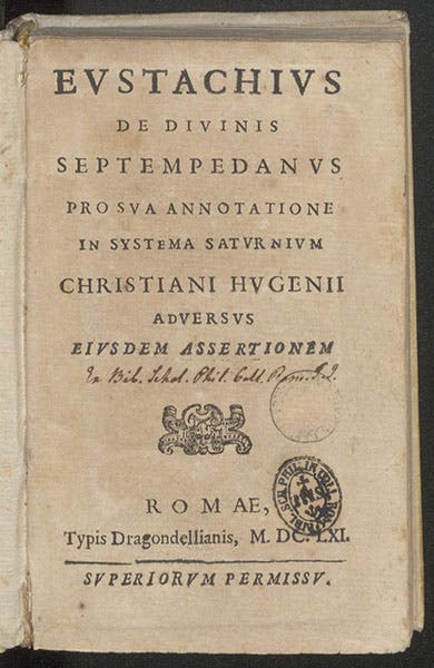 Titlepage, Eustachio Divini [and Honoré Fabri], Pro sua annotatione in systema Saturnium Christiani Hugeni, 1661 (Linda Hall Library)