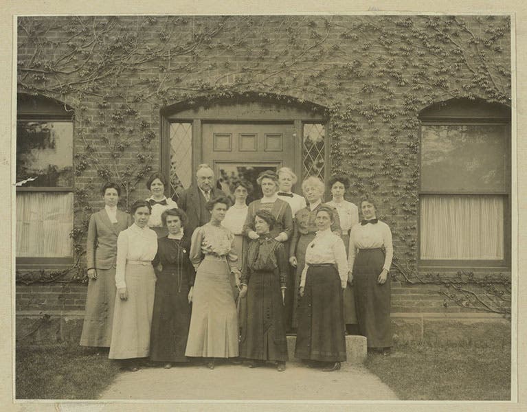 The staff at Harvard College Observatory, photograph, 1913; Margaret Harwood is at the far left of the middle row (Harvard University Archives)