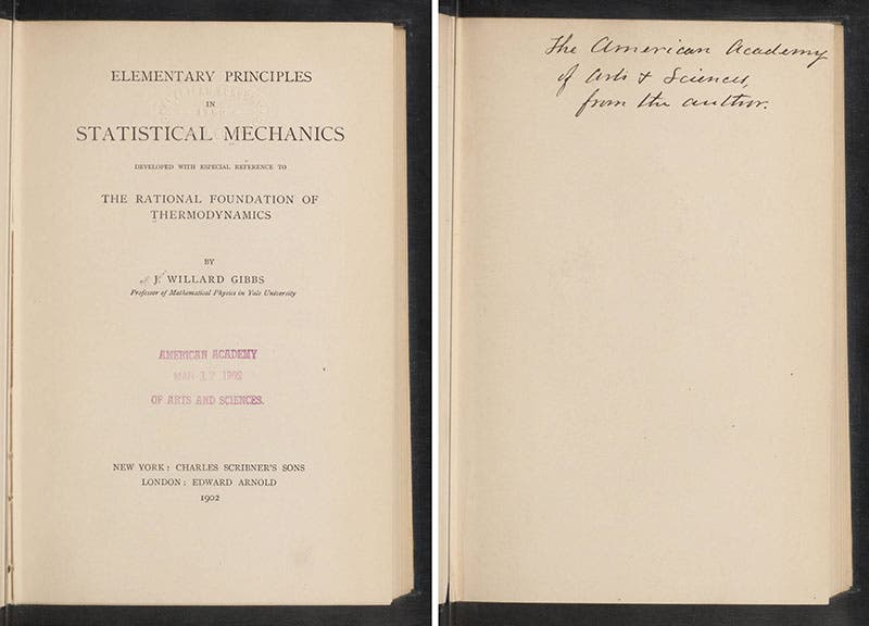 Title page and first free endpaper of Josiah W. Gibbs, Elementary Principles of Statistical Mechanics, 1902, with contemporary stamp and inscription “from the author” (Linda Hall Library)