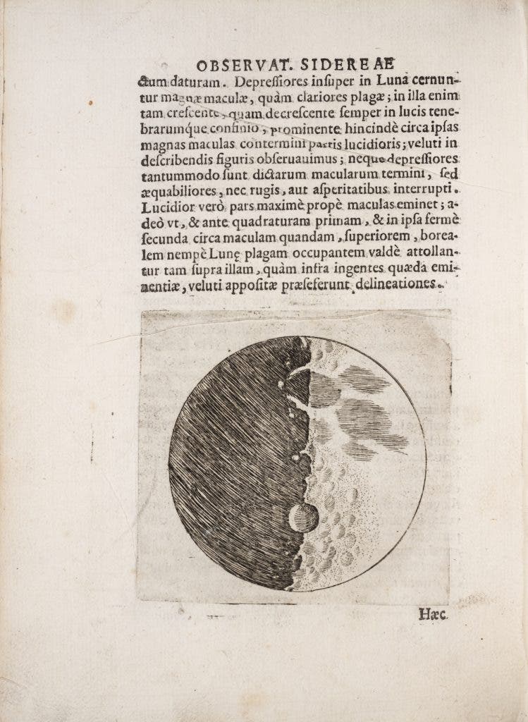 Galileo’s engraving of a first quarter Moon. Galileo observed the Moon with his telescope for nearly a month beginning in late November 1609. Image source: Galilei, Galileo. Sidereus nuncius. Venice: apud Thomam Baglionum, 1610. View Source