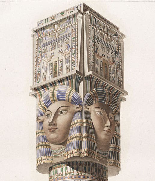 The capital of one of the portico columns at Dendera, restored, detail of a hand-colored engraving after a drawing by Jean-Baptiste Lepère, Description de l’Égypte, Antiquités, vol. 4, 1817 (Linda Hall Library)