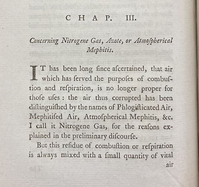 Introduction of term nitrogen for the gas that had previously been called mephitic air, phlogisticated air, or azote, in Elements of chemistry, by Jean-Antoine Chaptal, transl. by William Nicolson, vol. 1, p. 140, 1791 (Linda Hall Library)