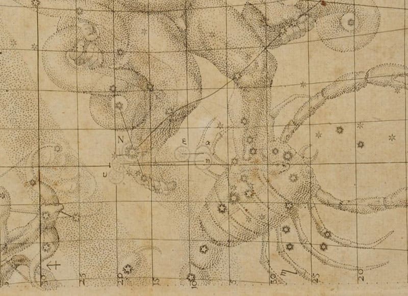 Detail of first image, showing the positions of Jupiter and Saturn on Dec. 17, 1603, and the positions of Jupiter, Saturn, Mars, and the Nova, on Oct. 10, 1604 (Linda Hall Library)