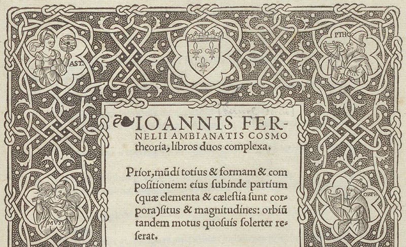 Criblé border with portraits of Astronomy, Pythagoras, Music, Orpheus, detail of woodcut title page for Cosmotheoria, by Jean Fernel, printed in Paris by Simon de Colines, 1528 (Linda Hall Library)