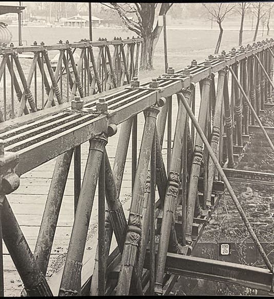 Detail of Egyptian Revival motifs on the Reading-Halls Station Bridge, Muncy, Pennsylvania, ca 1846, photograph in Landmark American Bridges, by Eric DeLony, American Society of Civil Engineers, p. 25, 1993 (Linda Hall Library)