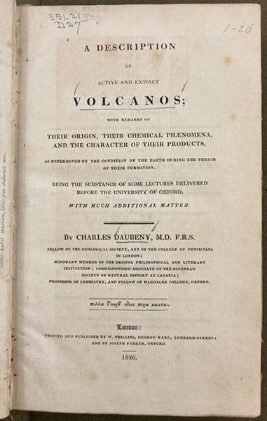 Title page, Charles Daubeny, A Description of Active and Extinct Volcanos, 1826 (Linda Hall Library)