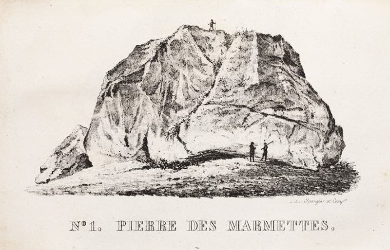 The largest erratic boulder in Switzerland, the Pierre des Marmettes, engraving in Essai sur les glaciers et sur le terrain erratique du bassin du Rhône, by Jean de Charpentier, 1841 (Linda Hall Library)