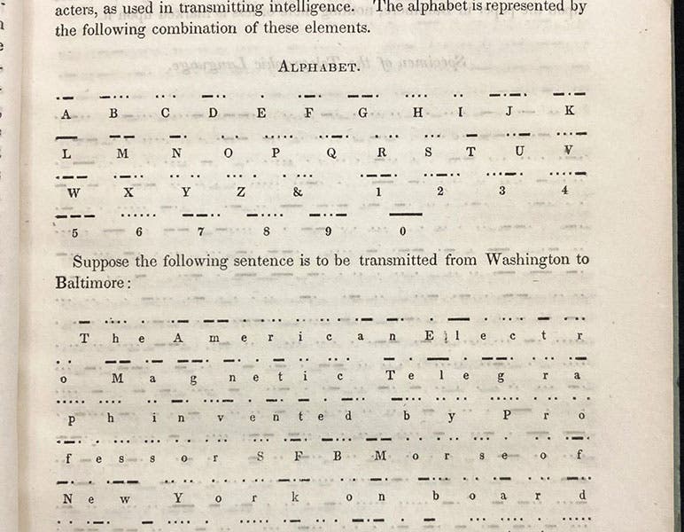 The Morse code alphabet, here called the telegraphic alphabet, and a sample dot-dash message, The American Electro Magnetic Telegraph, by Alfred Vail, p. 27, 1845 (The Linda Hall)