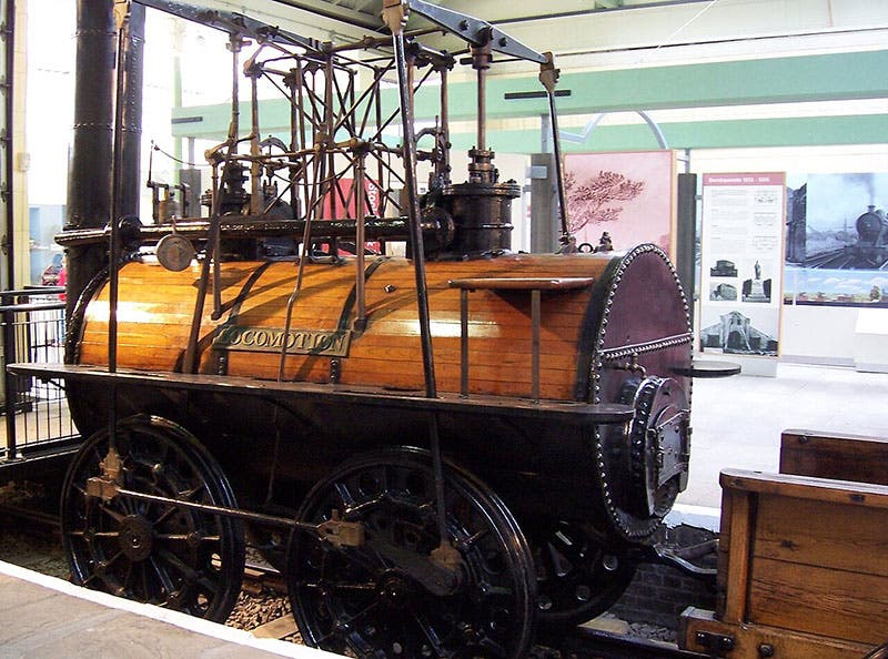 Replica of Locomotion no. 1 at Hopewell Darlington Railway Centre, built by Robert and George Stephenson in 1824-25, probably with input from Timothy Hackworth (Wikimedia commons)