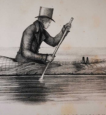 Peter Halkett’s original one-man boat-cloak in operation, lithograph, from his <i>Boat-cloak or Cloak-boat</i>, 1848 (Caird Library, National Maritime Museum, Greenwich)