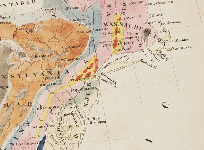 Detail of New England region of frontispiece map; yellow indicates Triassic rock, Jules Marcou, A Geological Map of the United States of America, 1853 (Linda Hall Library)
