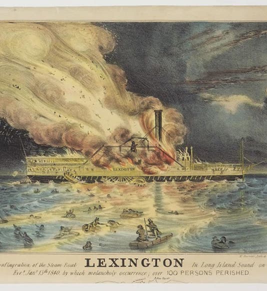 Awful Conflagration of the Steam Boat Lexington in Long Island Sound, hand-colored lithograph by Nathaniel Currier, after painting by W.K. Hewitt, 1840, Springfield Museums (springfieldmuseums.org)