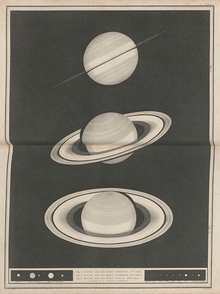 Three views of Saturn, frontispiece engraving, Richard A. Proctor, Saturn and its System, 1865 (Linda Hall Library)