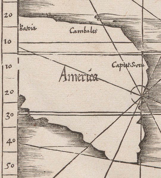 Detail of fifth image, showing a wedge of a New World, with the label “America” across what is now Brazil (Linda Hall Library)