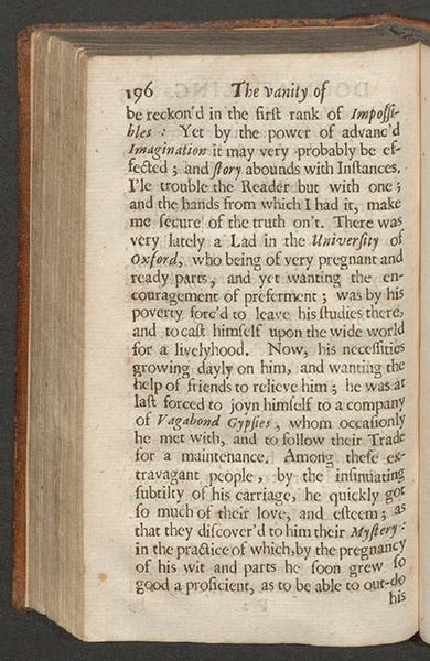 Page 196 of Joseph Glanvill, The Vanity of Dogmatizing, 1661, with the story of the Oxford scholar turned Gypsy (Linda Hall Library)
