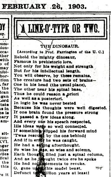 “The Dinosaur,” a poem by Bert Taylor, as printed in the Chicago Tribune, Feb. 26, 1903 (geologywriter.com)