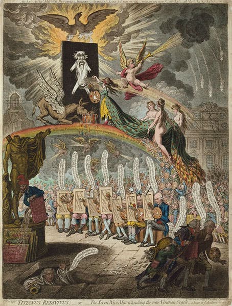 “Titianus redivivus, or, the seven-wise-men consulting the new Venetian oracle,” cartoon by James Gillray, 1797, Royal Academy of Arts, London; the right-most figure of the seven seated figures is Benjamin West (royalacademy.org.uk)