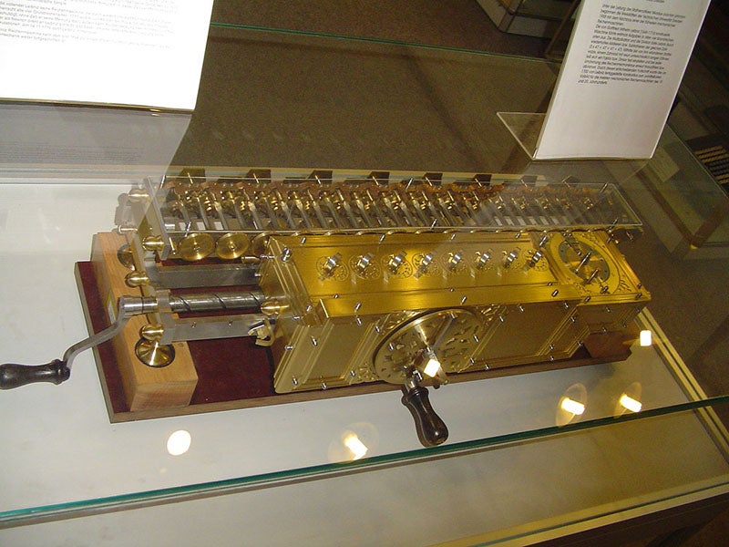 A replica of Leibniz’s mechanical calculator in the Technische Sammlunger Museum in Dresden; the original was built around 1700 (Wikimedia commons)