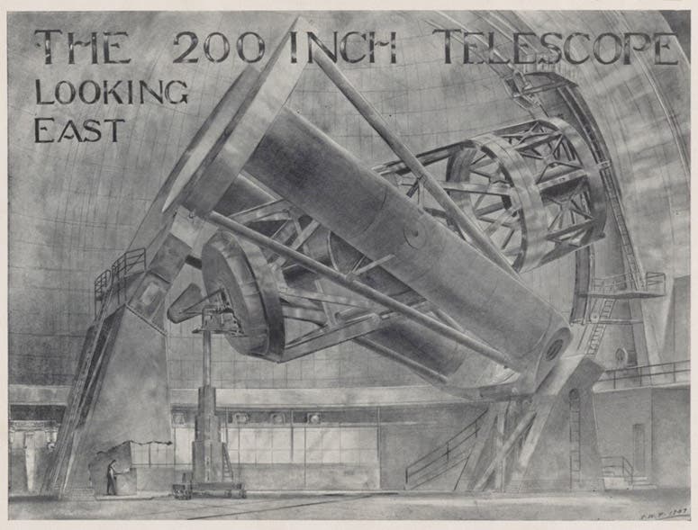 The 200-inch telescope at Mount Palomar, drawing by Russell W. Porter, in James Fassero and Russell W. Porter, Photographic Giants of Palomar, 1947 (Linda Hall Library)