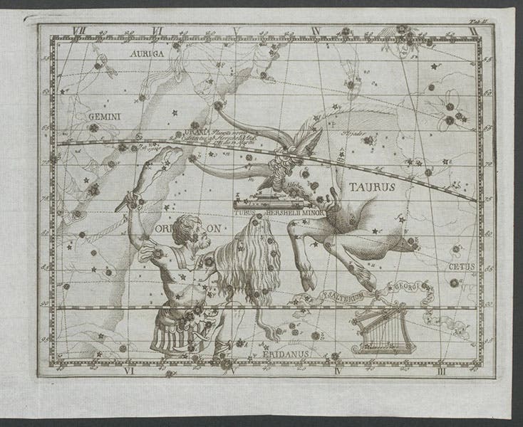 Star chart of area near Taurus, with proposed new constellation, Tubus Hershelii minor, Herschel’s smaller telescope, from Maximilian Hell, Monumenta, 1789 (Linda Hall Library)
