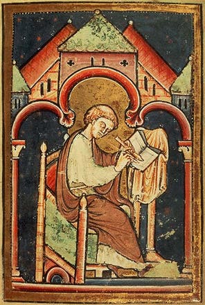 Portrait of Bede, from a 12th-century copy of his <i>Life of St. Cuthbert</i>, British Library (thomryng.com)
