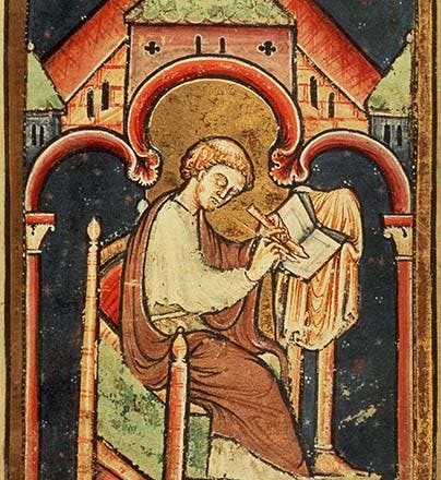Portrait of Bede, from a 12th-century copy of his <i>Life of St. Cuthbert</i>, British Library (thomryng.com)
