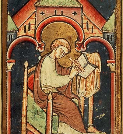 Portrait of Bede, from a 12th-century copy of his <i>Life of St. Cuthbert</i>, British Library (thomryng.com)