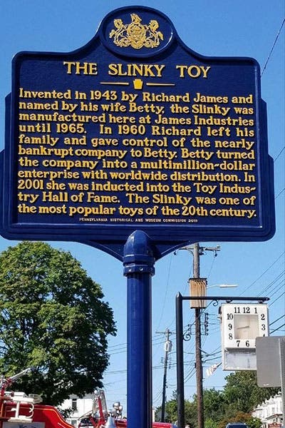 Historical marker in Clifton Heights, Penn., near the original Slinky factory (hmdb.org)