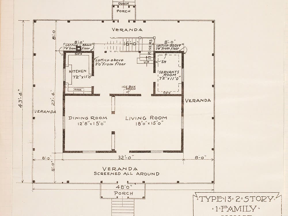 Floor plan for first floor of type 13 two-story house.
View in Digital Collection »